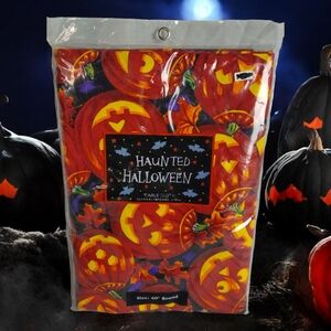 halloween pumpkin Round Flannel Back 60" Fall Holiday Table Cloth New Old Stock